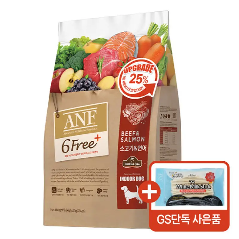 ANF 강아지사료 식스프리플러스 소고기연어 5.6kg + 로하이드 밀크스틱 27P