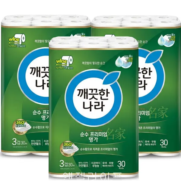 깨끗한나라 순수 프리미엄 명가 30m 3겹 30롤 3팩 광폭107mm 100%천연펄프