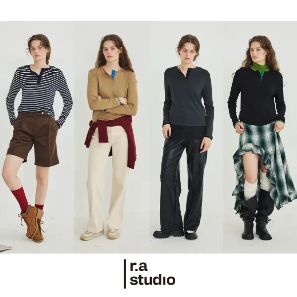 라스튜디오 26FW 여성 에센셜 배색 헨리넥 티셔츠 4종
