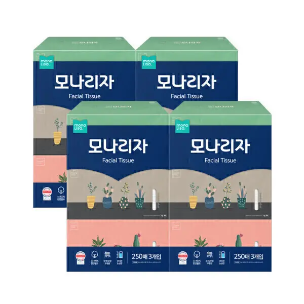 모나리자 미용티슈 250매 3입 4개 총12개 각티슈 피부저자극 테스트 최고등급
