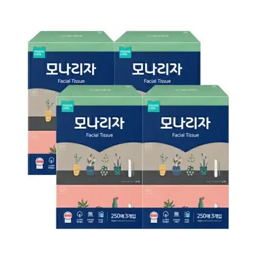 모나리자 미용티슈 250매 3입 4개 총12개 각티슈 피부저자극 테스트 최고등급