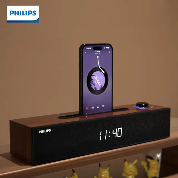 PHILIPS 필립스 루미오 유무선 블루투스 5.3 사운드바 원목하우징 디지털시계기능
