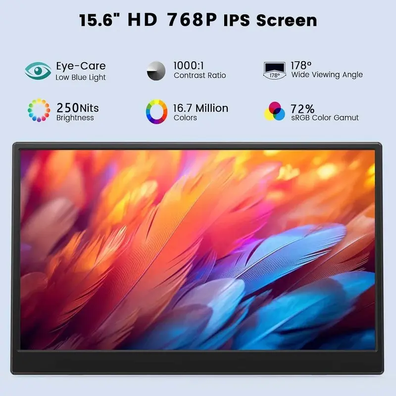 AHXJKA 15.6인치 휴대용 모니터 HD 1366*768P IPS 72%sRGB VESA 노트북 데스크탑 사무 작업 생산성 향상을 위한