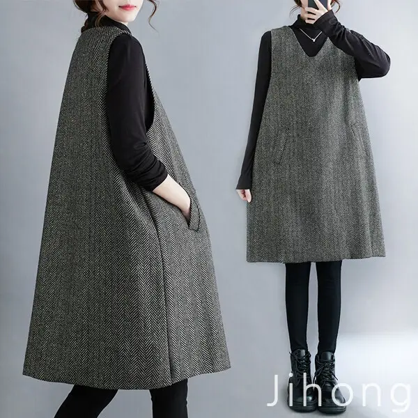 가을겨울 루즈핏 헤링본 체크 민소매원피스 레이어드 클레식 빅사이즈