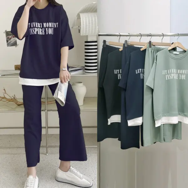 여성 와이드 팬츠 트레이닝 세트 여름 빅사이즈 반팔 티셔츠 홈웨어 배색 상하 셋업