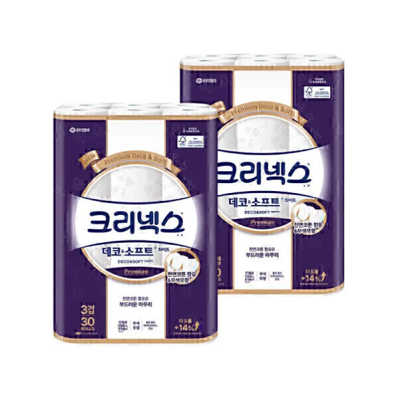 크리넥스 3겹 데코앤소프트 화이트 25MX30롤 2팩 (30롤+30롤)