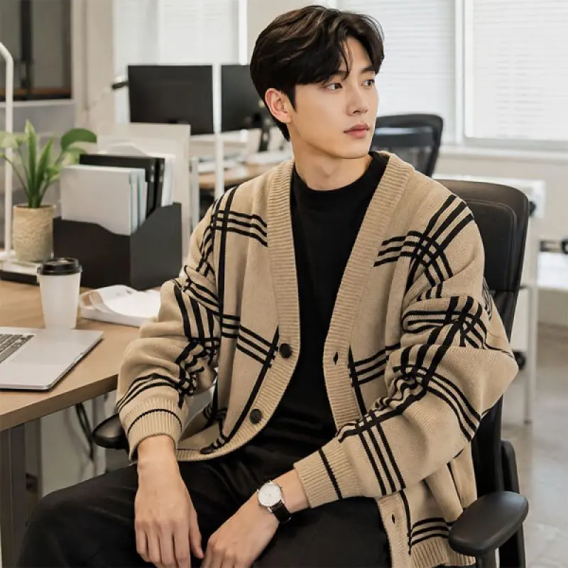니트 가디건 남성 루즈핏 체크자켓 레이어드 아우터 봄 가을 2컬러