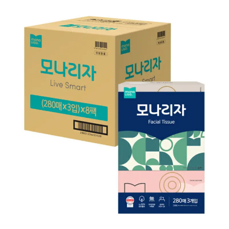 모나리자 미용티슈 280매 3입 8개 총24개 각티슈 천연펄프 피부저자극 테스트 최고등급 (박스포장)