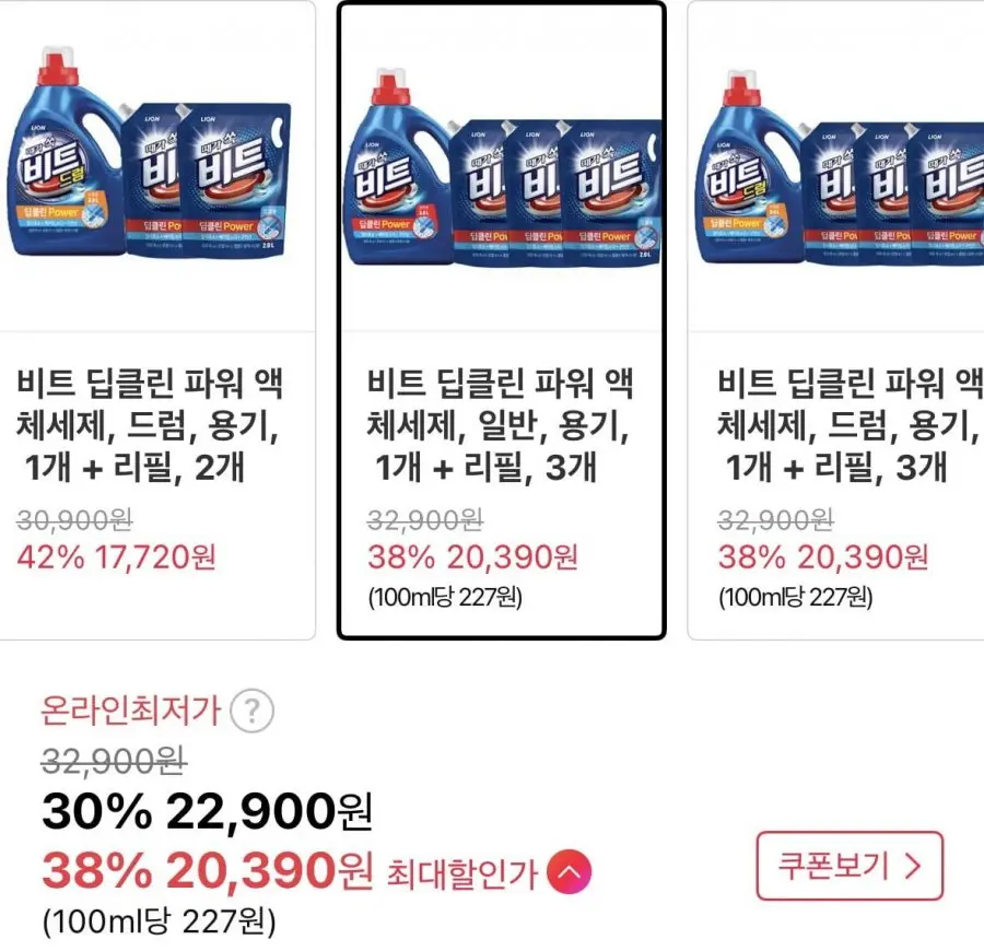 [11번가] 비트 딥클린 파워 액체세제3L, 1개 + 일반드럼겸용 리필, 2L, 3개 (T멤 20,390원/무료)