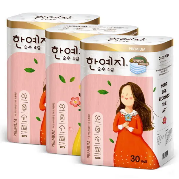 한예지 프리미어 순수 4겹 천연펄프 화장지 25m 30롤 3팩