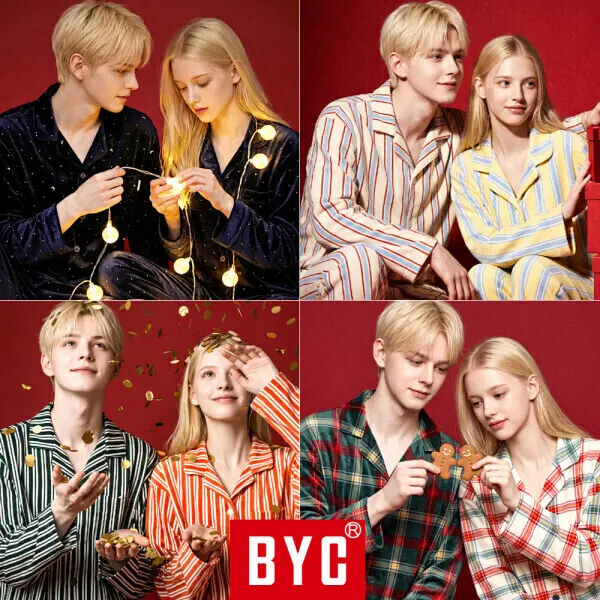 BYC 외 겨울 잠옷 세트 커플 수면 피치 기모 순면 긴팔 남자 남성 여성 파자마 바지 상하 홈웨어 빅사이즈