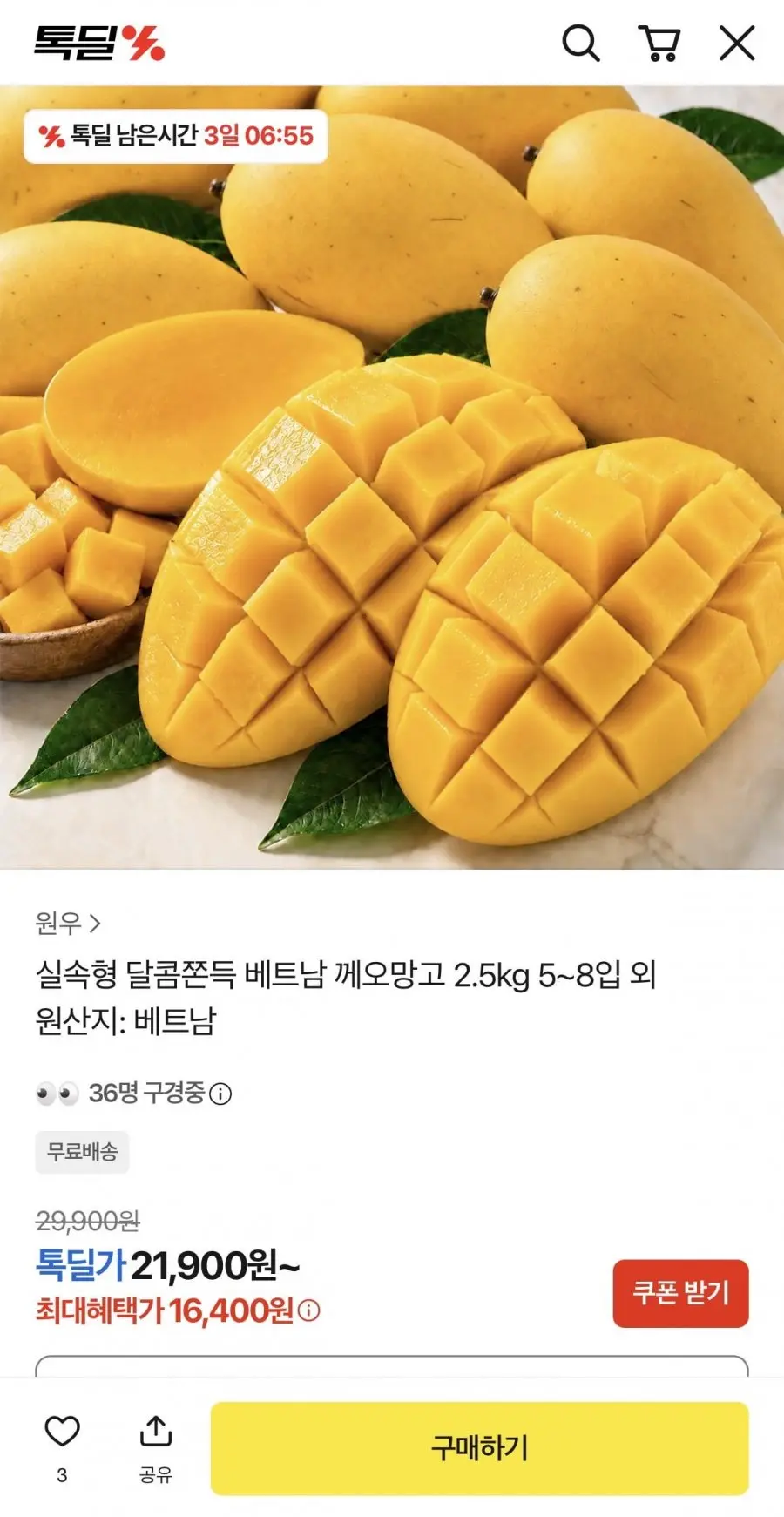 [카카오] 실속형 베트남 께오망고 2.5kg 5~8입 (21,900원/무배)