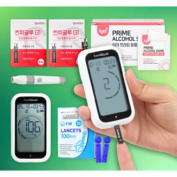 [젠바디]컨피글루G1혈당측정기+시험지100매+침110개+알콜솜100매 당뇨 당 체크기 검사지 26년 9월 (쿠폰가 15,810원/무료)