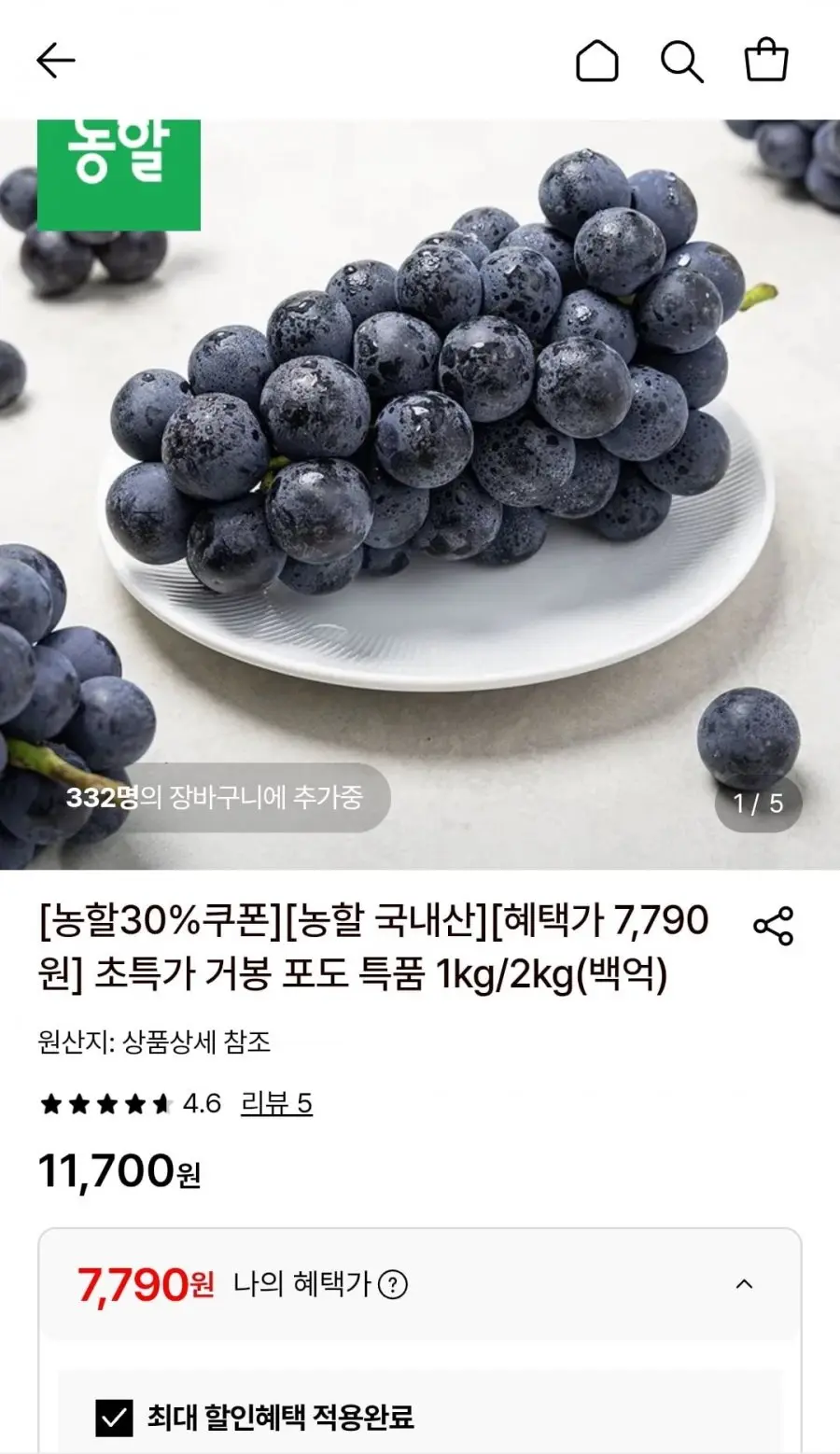 [롯데온] 거봉 포도 특품 1kg(1-2수) (7,790원/무료)