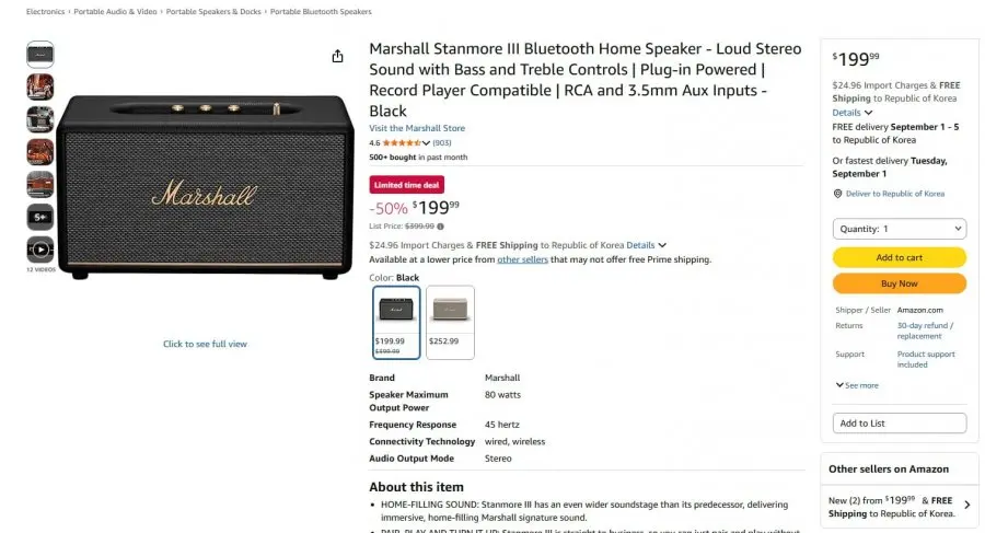 Marshall Stanmore III Bluetooth Home Speaker ($199.99/관세 $24.96/한국까지 Free)