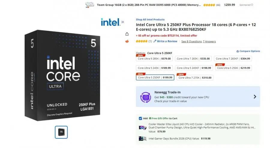 [newegg] Intel Core Ultra 5 250K Plus + Cooler Master Elite Liquid 240 + 툼레이더 신작 등 게임 2종