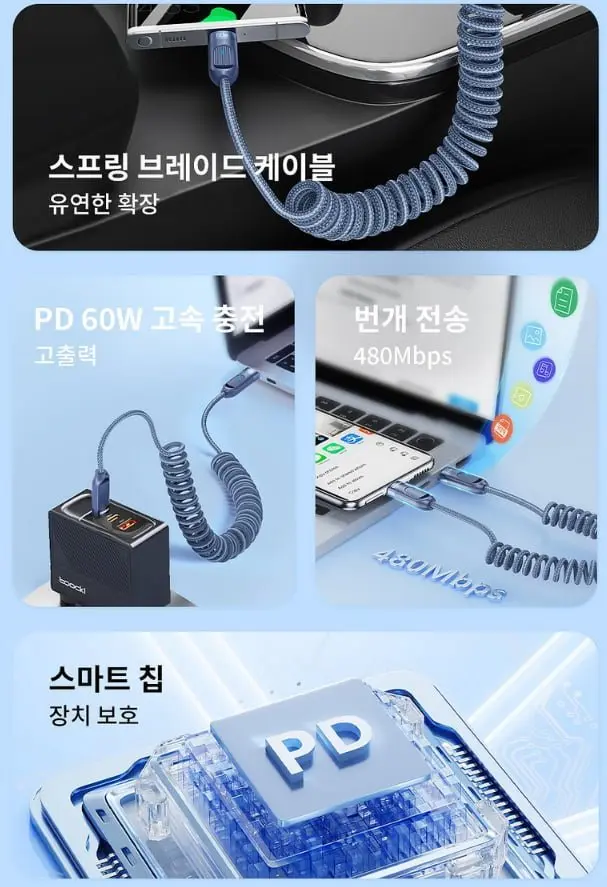 Toocki PD60W 코일 C타입 차량용 초고속 충전 케이블 (5,950원/와우무료)