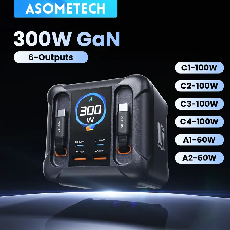 ASOMETECH 300W GaN USB 충전기 LED 디스플레이 접이식