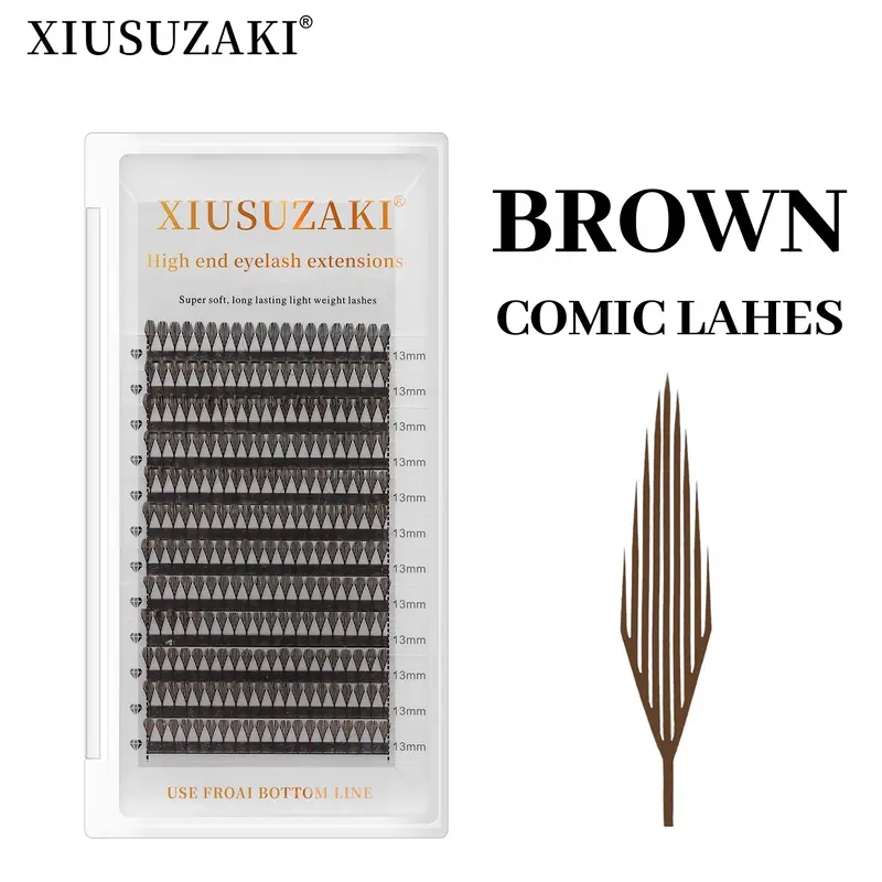 XIUSUZAKI 브라운 코믹 스파이어 속눈썹 자동 꽃 미리 만들어진 팬