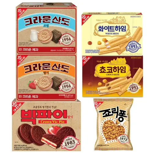 (레트로에디션)크라운산도161g(크림/딸기)+빅파이216g+하임142g(초코/화이트)+죠리퐁 74g
