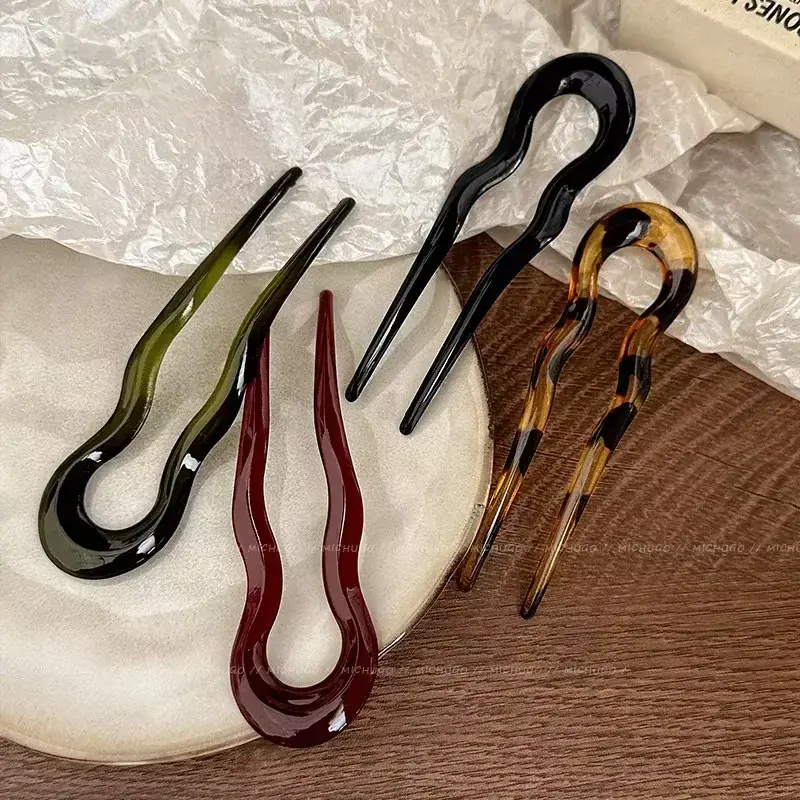 U 자형 헤어 포크 패션 거북이 아세테이트 머리핀 기하학적 디자인 모자를