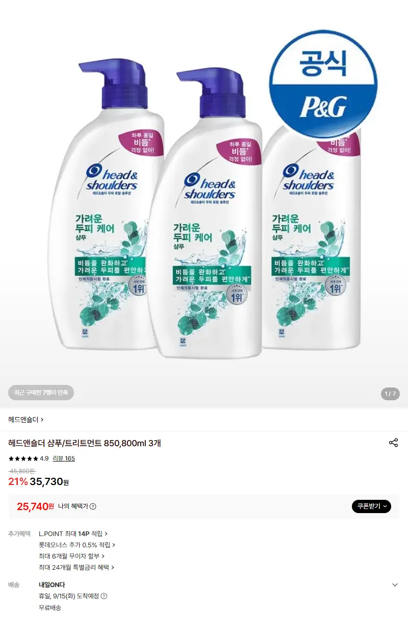 [헤드앤숄더]헤드앤숄더 샴푸/트리트먼트 850,800ml 3개 판매 페이지