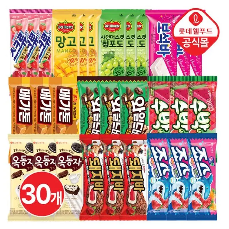 롯데 국민 아이스 상큼 과일 30개팩 (돼지/스크류/델몬트)