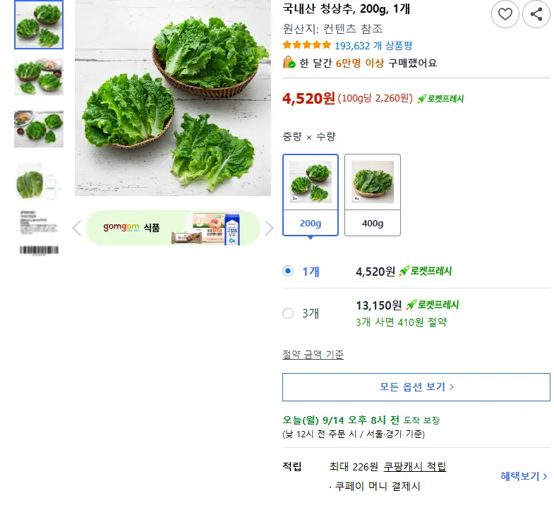 국내산 청상추, 200g, 1개 - 상추 판매 페이지