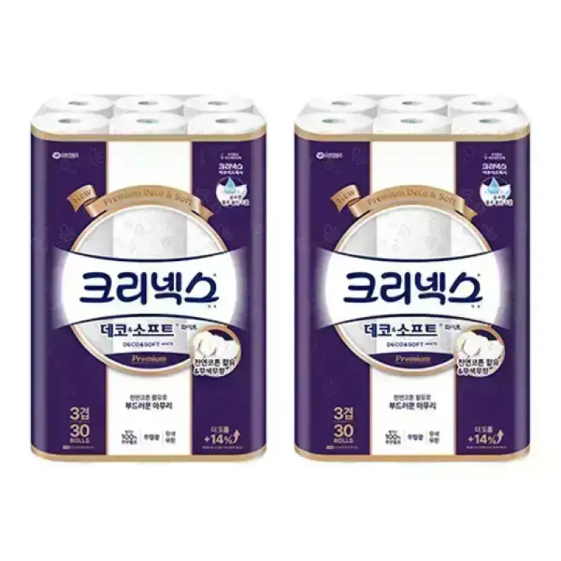 [Tday] 크리넥스 천연펄프 3겹 데코앤소프트 화이트, 25m, 30롤, 2개