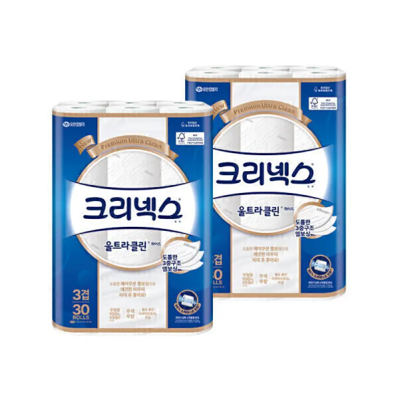 크리넥스 3겹 울트라클린 화이트 25MX30롤 2팩 화장지 휴지