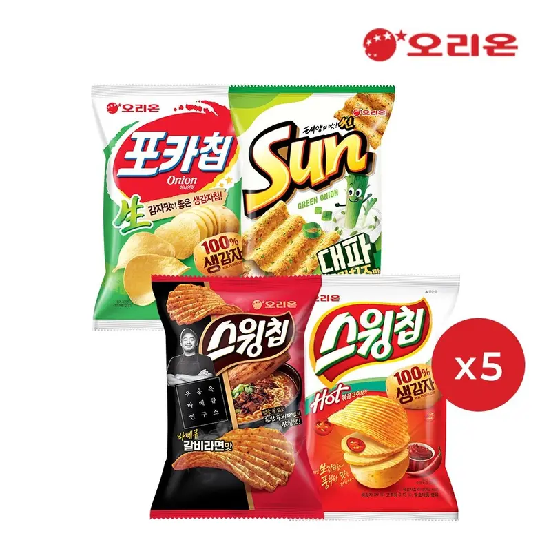 [오리온]오리온 스낵4종 (포카칩 어니언5 + 썬 대파크림치즈5 + 스윙칩 볶음고추장5 + 스윙칩 갈비라면5) : 롯데ON