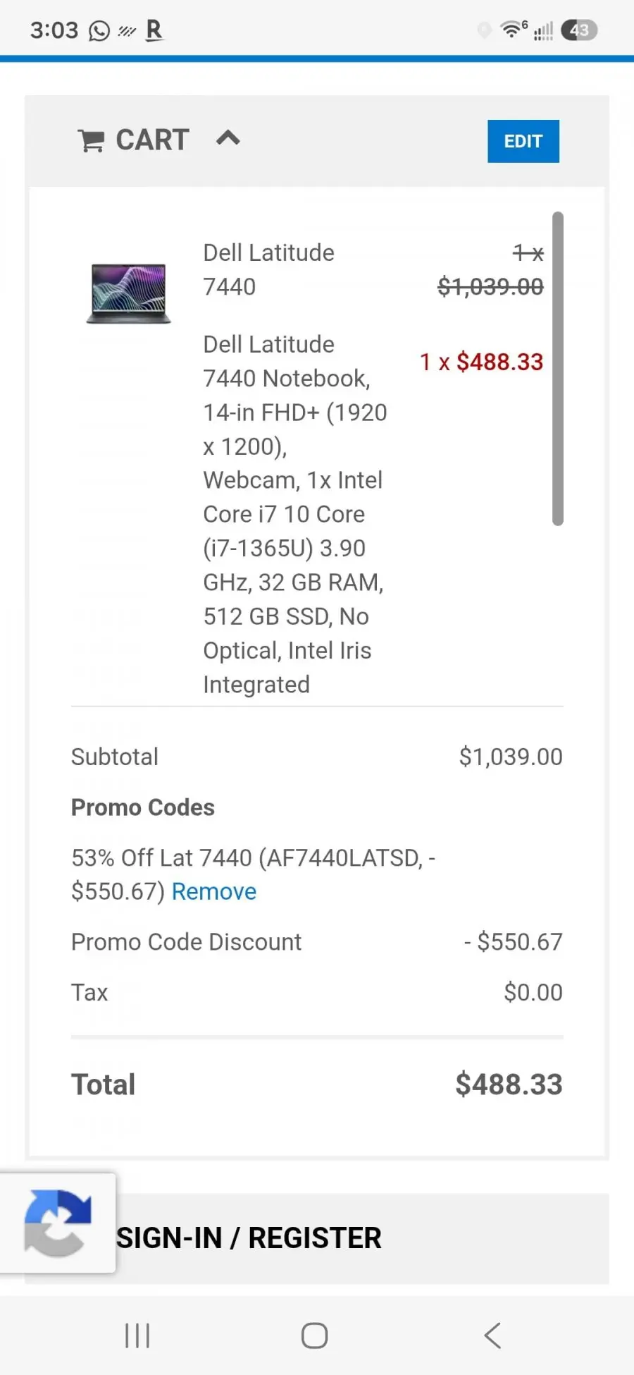 [Dell Refurbished] Latitude 7440 refurbished Grade A (i7-1365U/32GB/512GB), 쿠폰적용가 $488.33