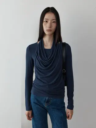 [W컨셉 단독] Leoni Halter Neck Layered T-Shirt_Navy