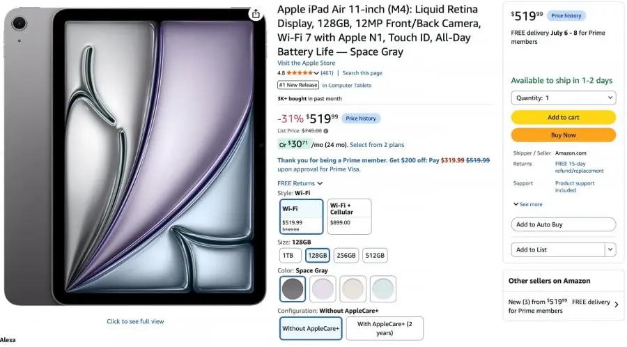 [Amazon.com] Apple iPad Air 11-inch (M4) wifi, Space gray ($519.99 / 미국내 무배)