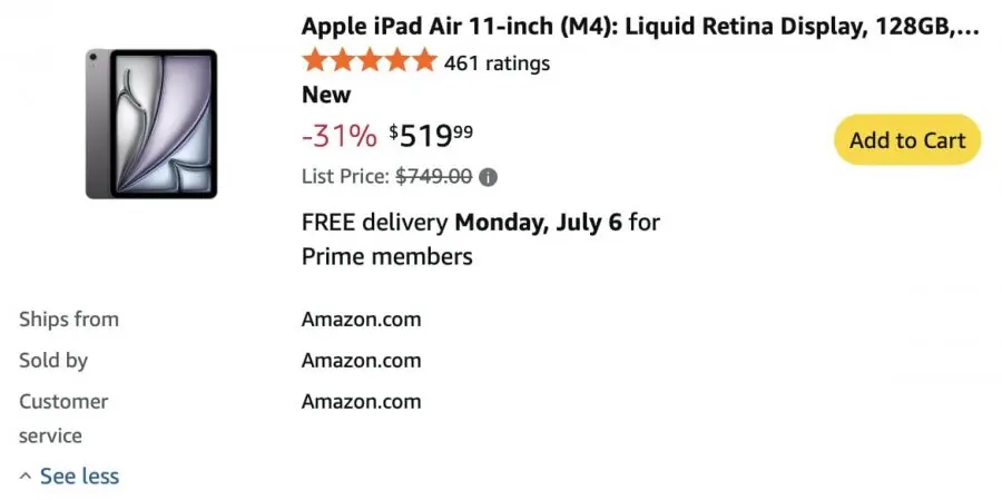 [Amazon.com] Apple iPad Air 11-inch (M4) wifi, Space gray ($519.99 / 미국내 무배)