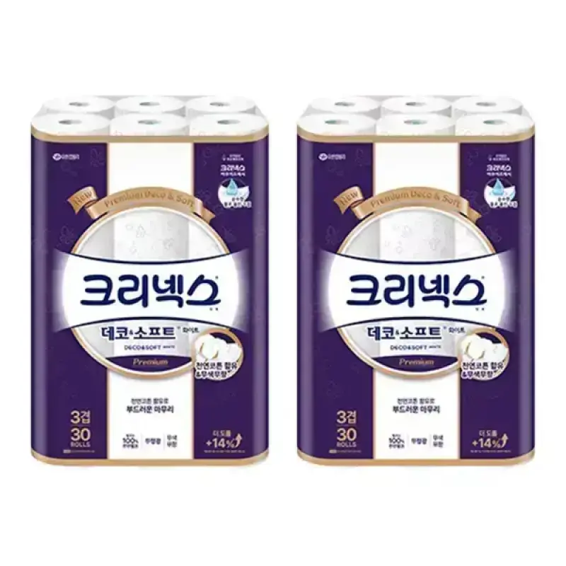 크리넥스 천연펄프 3겹 데코앤소프트 화이트, 25m, 30롤, 2개