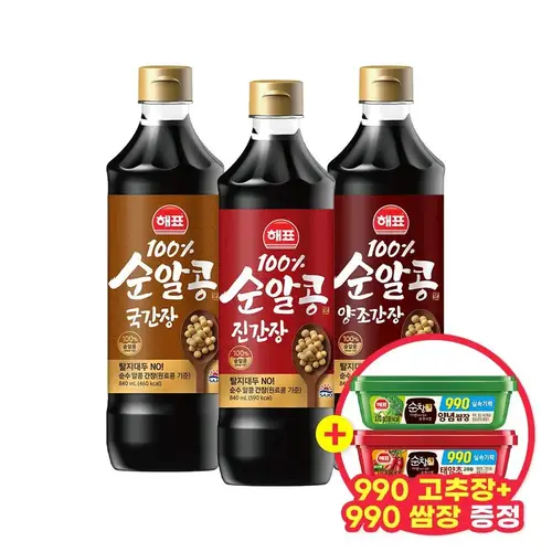 [사조][해표] 순알콩 양조간장840ml +진간장 840ml +국간장 840ml (고추장+쌈장170g 증정)