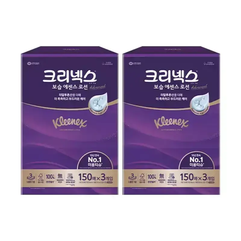 크리넥스 보습에센스 로션 천연펄프 미용티슈 3겹, 150매, 3입, 2개