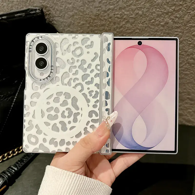 레이저 실버 레오파드 프린트 자석 휴대폰 케이스