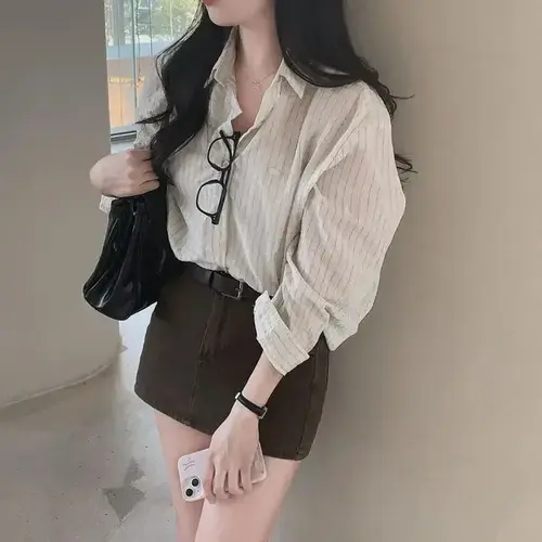 봄 가을 다용도 루즈핏 스트라이프 긴팔 셔츠 여성 패션 루즈핏 스트라이프 패턴 다용도 셔츠 - AliExpress 200000345