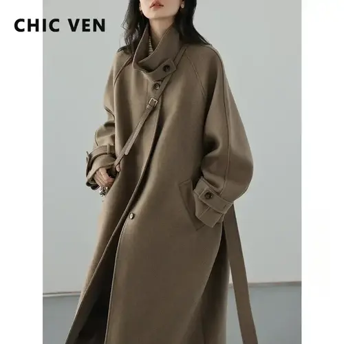 CHIC VEN 여성용 롱 트렌치 코트, 스탠딩 벨트, 레이스업 모직 코트, 라글란 소매, 롱 오버코트, 오피스 레이디, 가을, 겨울 2024