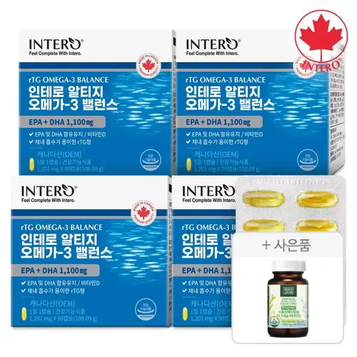 [EPA+DHA 1,100mg] 인테로 알티지 오메가3 밸런스 90캡슐 X 4박스 (12개월분) rTG + 우디해조칼슘(60정)