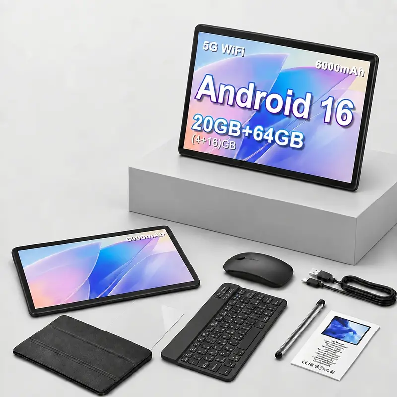 Relndoo 안드로이드 16 태블릿 10.1인치, 20GB(4+16)RAM+64GB ROM, 1TB 확장 지원(SD 카드 미포함), 쿼드 코어, 듀얼 카메라, 6000mAh 배터리, 블루투스 5.0 | WIFI 전용 & 선물/업무/게임용으로 좋은 선택