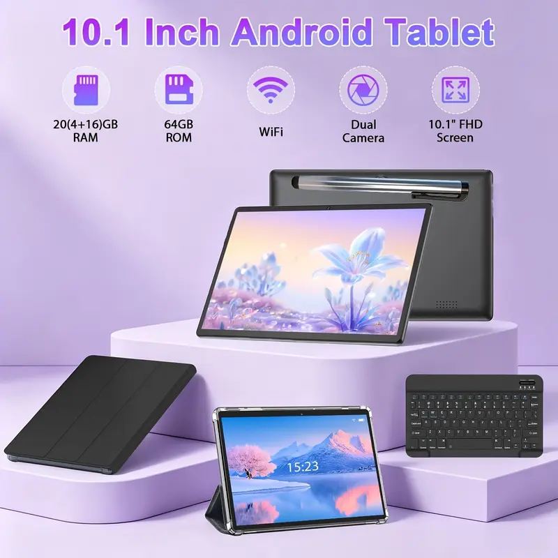 Relndoo 안드로이드 16 태블릿 10.1인치, 20GB(4+16)RAM+64GB ROM, 1TB 확장 지원(SD 카드 미포함), 쿼드 코어, 듀얼 카메라, 6000mAh 배터리, 블루투스 5.0 | WIFI 전용 & 선물/업무/게임용으로 좋은 선택