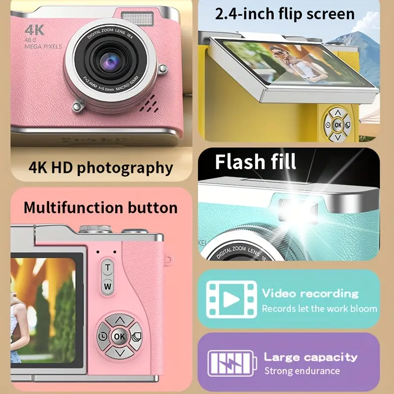 새로운 플립 HD 4K 디지털 카메라, 2.4인치 플립 스크린 전문가용 카메라 (사진 촬영용), 다양한 색상 제공, 비디오 녹화, 선물용으로 최고의 선택, 브이로그 입문자용 추수감사절 및 크리스마스 휴일 선물