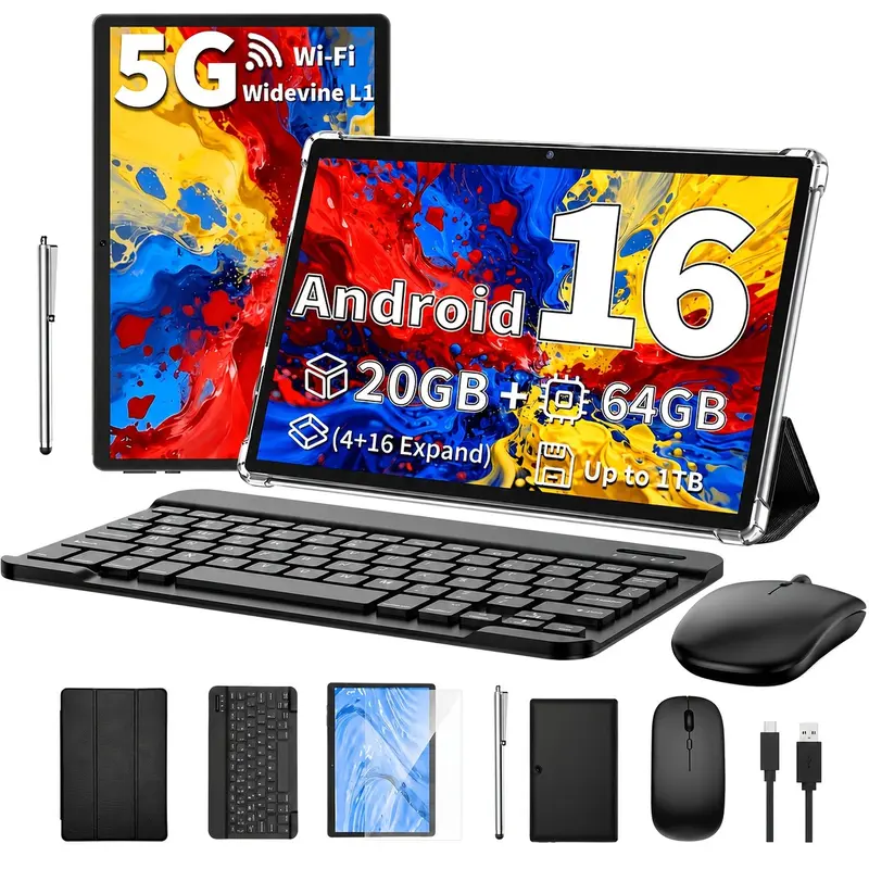 2026 안드로이드 16 태블릿 컴퓨터, 20GB(4+16)RAM+64GB ROM, 최대 1TB 저장 공간, 10.1인치, 5G WiFi 태블릿, Type-C 포트, 터치스크린, 태블릿, 패드, 업무 및 선물용, 태블릿+키보드+마우스+케이스+스타일러스 포함 태블릿 PC