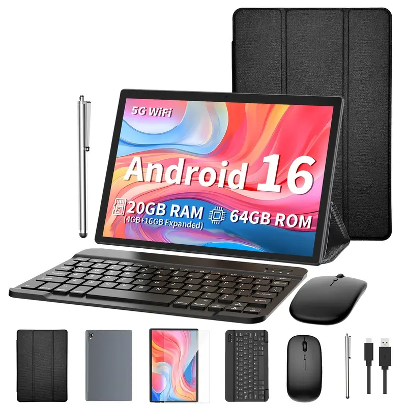 안드로이드 16, 태블릿 컴퓨터 20GB (4GB+16GB) RAM + 64GB ROM, 10.1인치, 안드로이드 태블릿 2-in-1 태블릿 컴퓨터(옵션 액세서리: 키보드, 마우스, 케이스, 스타일러스), 듀얼 카메라, WiFi, 무선, 업무용 및 선물용으로 적합