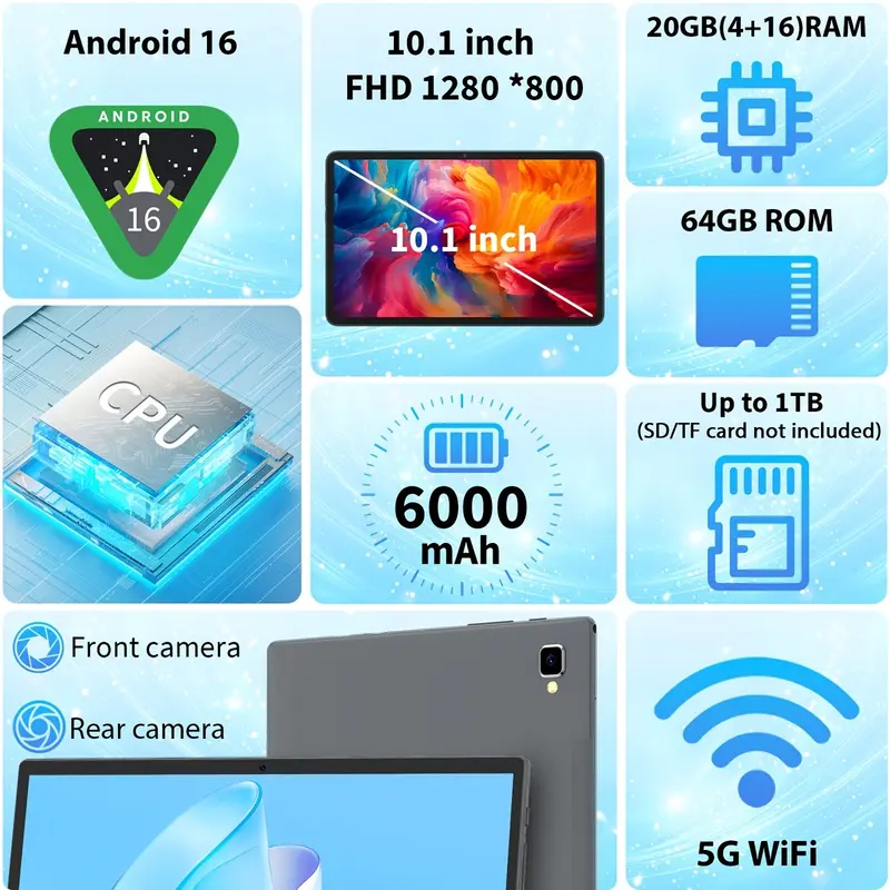 안드로이드 16, 태블릿 컴퓨터 20GB (4GB+16GB) RAM + 64GB ROM, 10.1인치, 안드로이드 태블릿 2-in-1 태블릿 컴퓨터(옵션 액세서리: 키보드, 마우스, 케이스, 스타일러스), 듀얼 카메라, WiFi, 무선, 업무용 및 선물용으로 적합
