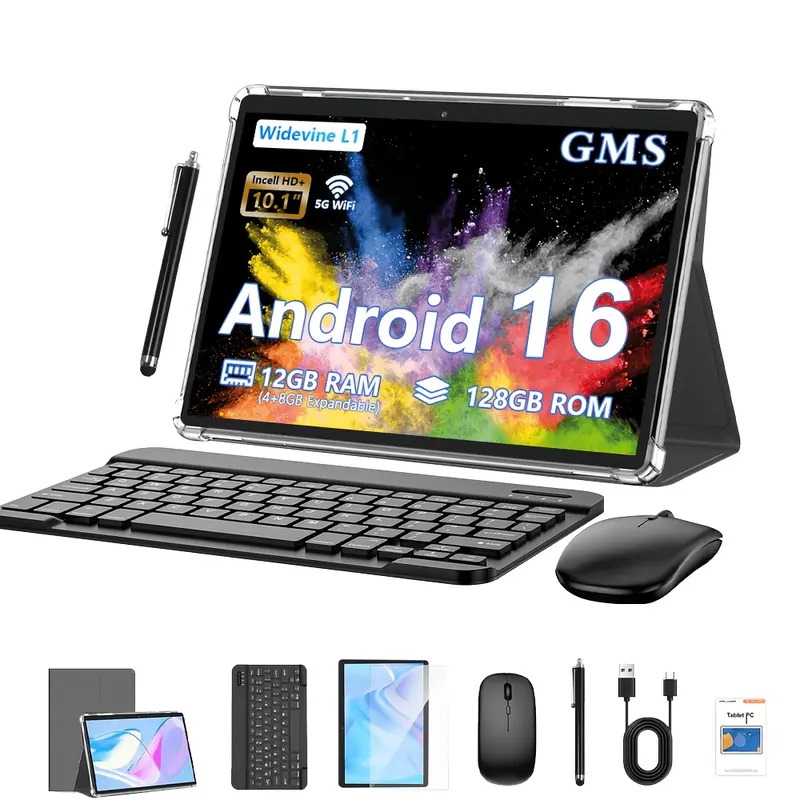 CR 10.1 태블릿 안드로이드 16 2-In-1 태블릿 GMS 탭, GPS, 구글, 보호 케이스 포함 태블릿 PC, (키보드, 마우스, 스타일러스) 옵션 가능, 12GB(4GB+8GB) RAM, 128GB ROM + 1TB 확장 지원, 듀얼 와이파이, Type-C 충전, OTG, 안드로이드 태블릿, 태블릿, 패드