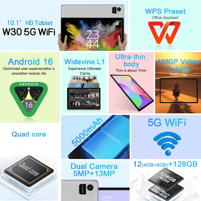 CR 10.1 태블릿 안드로이드 16 2-In-1 태블릿 GMS 탭, GPS, 구글, 보호 케이스 포함 태블릿 PC, (키보드, 마우스, 스타일러스) 옵션 가능, 12GB(4GB+8GB) RAM, 128GB ROM + 1TB 확장 지원, 듀얼 와이파이, Type-C 충전, OTG, 안드로이드 태블릿, 태블릿, 패드